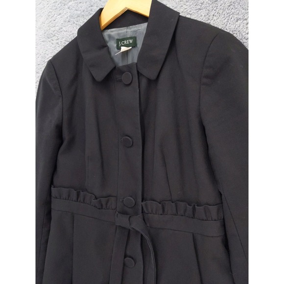 J. Crew Black Trench Coat Belted Ruffle Detail Collar Button Front Size 6 - Picture 2 of 9